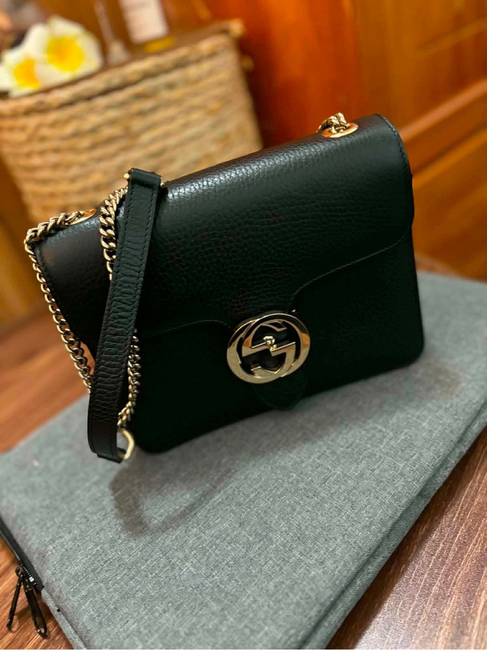 Gucci Black Leather Crossbody with Gold Chain and Double G